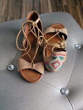 Mudd Tan Lace-Up Sandals with Multicolor Bead Accent